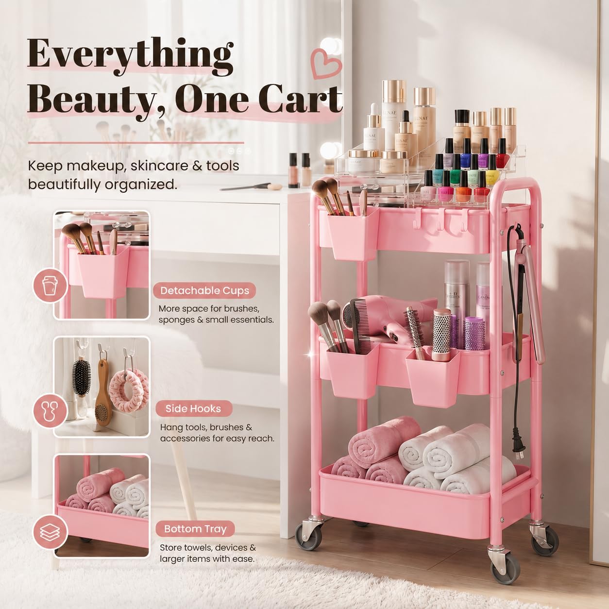 2 Tier Small Rolling Cart Metal with Wheels, White Under Desk Storage Cart on Wheels, Short Utility Roller Caddy Carts Organizer for Art,Craft,Pantry,Bathroom, Two Tiered Shelf Trolley,22 Inches Tall