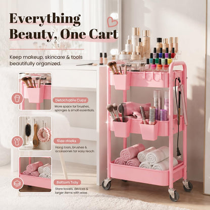 2 Tier Small Rolling Cart Metal with Wheels, White Under Desk Storage Cart on Wheels, Short Utility Roller Caddy Carts Organizer for Art,Craft,Pantry,Bathroom, Two Tiered Shelf Trolley,22 Inches Tall