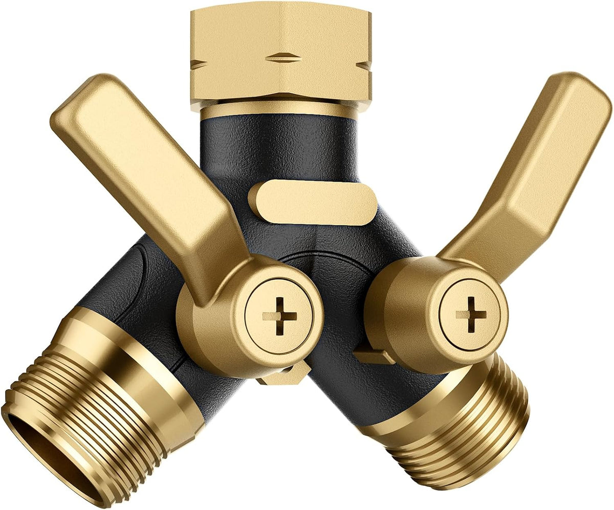 Garden Hose Splitter 2 Way Heavy Duty, Water Hose Bib Splitter with Shutoff Valves, Full Metal Body Y Hose Connector for Outdoor Faucet, High Flow Dual Hose Diverter 3/4" Standard Threads