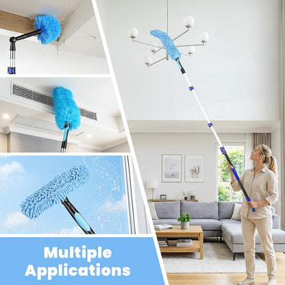 20ft High Reach Extendable Duster Kit with 5-12ft Extension Pole - Ceiling Fan Blade Cleaner, Spider Web Brush Cobweb Remover, Window Squeegee Kit with Telescoping Wand, Extended Extra Long Handle