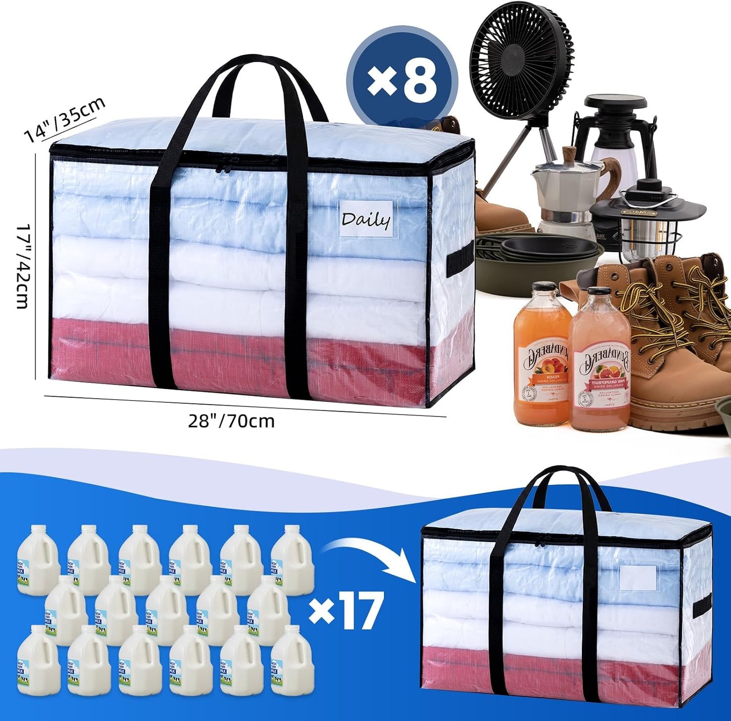 TAILI Extra Large Moving Bags, 4 Pack Blue Heavy Duty Totes For Storage with Visible Window, Wrap Around Handles, Storage Bags for Space Saving, Alternative to Moving Boxes