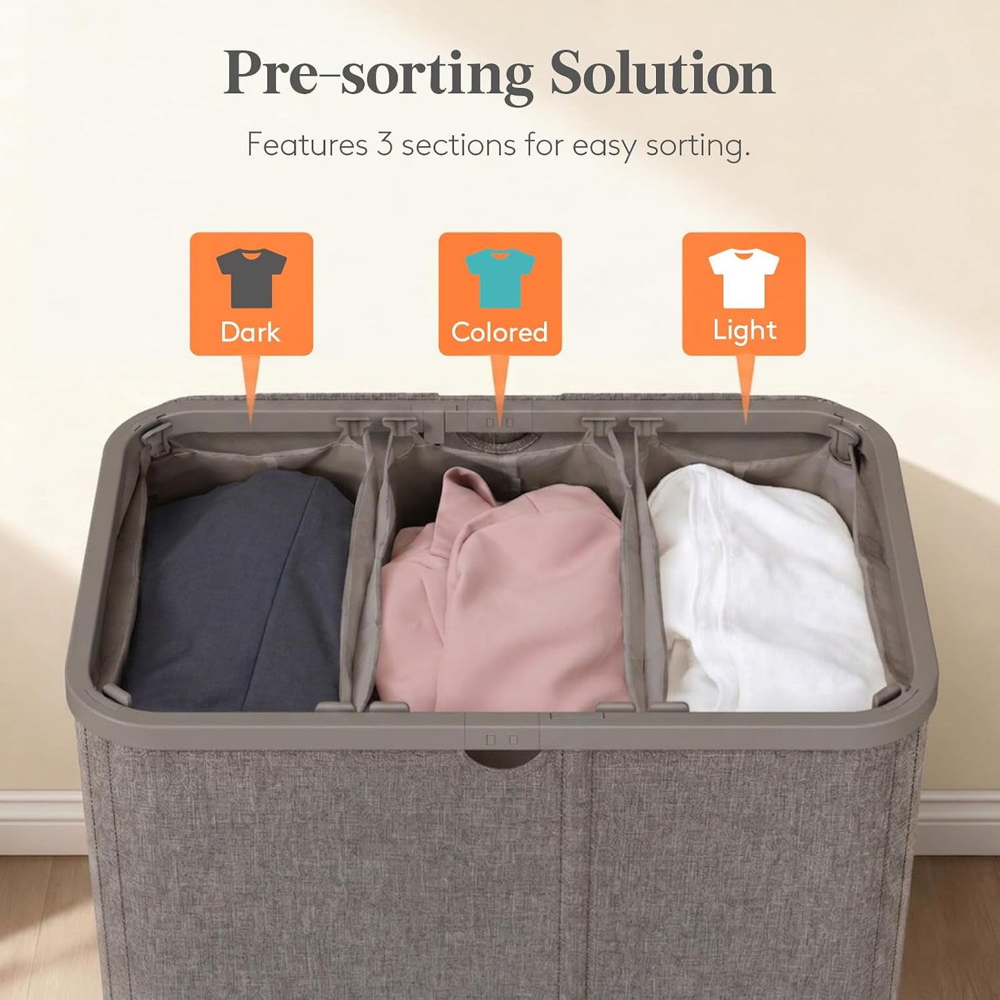 Lifewit 185L 3 Section Laundry Hamper with Lid, Large Laundry Basket with Handles and Removable Bags, Tall Clothes Hamper, Foldable Laundry Sorter for Bedroom Bathroom, Beige