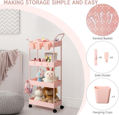 danpinera Storage Cart on Wheels, 3 Tier Slim Laundry with Wheels Bathroom Organizer with Hanging Cups Hooks Dividers Handle Mobile Rolling Art Cart for Bathroom Kitchen Narrow Places, White