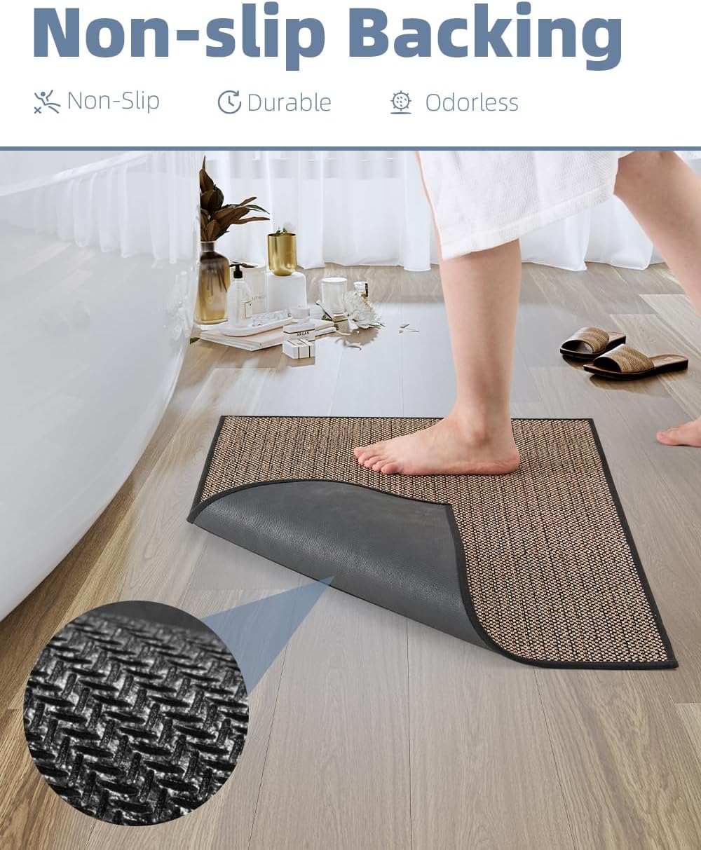 PADOOR Non-Slip Bath Mat With Rubber-Backing, Braided Absorbent Machine Washable Thin Rug for Bathroom Floor, Quick Dry, Fits Under Door, 17''x24'' Beige