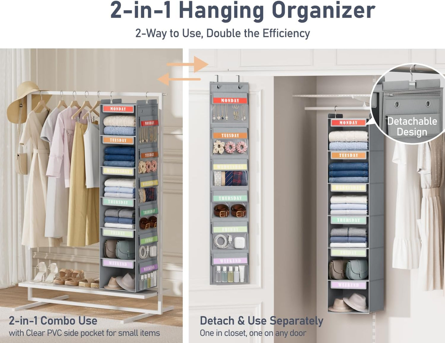 DIMJ Hanging Closet Organizer 2 in 1 - Weekly Clothes Organizer for Kids Over the Door Organizer 6-Shelf Daily Monday Friday Weekend Hanging Shelves, for School Outfits, Baby Clothes, Grey