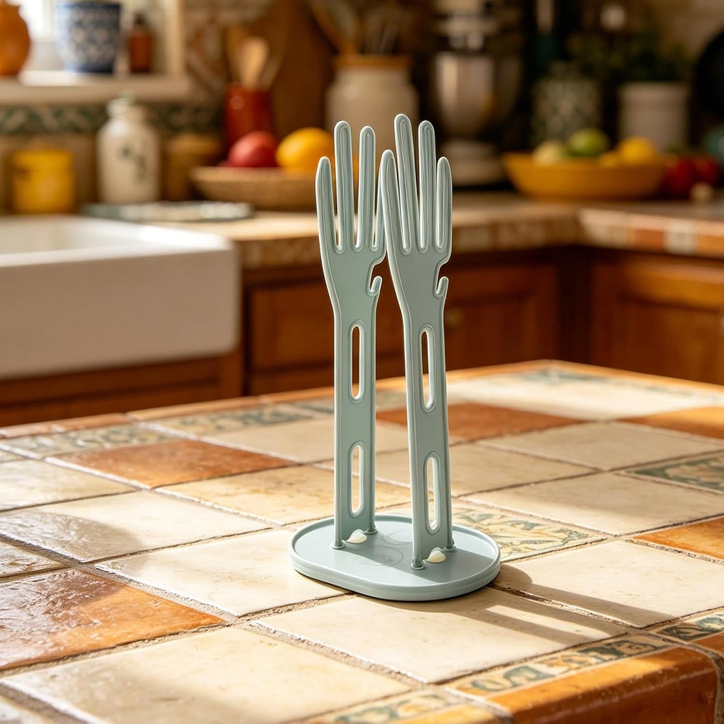 2pcs Kitchen Glove Holder: Reusable Mitten Dryer - Dish Towel Drying Rack - Plastic Palm-Shaped Stand with Side Hook Suction Base for Dishwashing Sink Organizer
