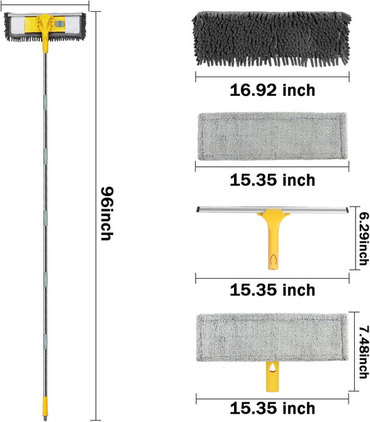 Dymoll 96" Long Handle Window Wall Cleaner Tool with Extension Pole,2 in 1 Large Window Squeegee with Cleaning Mop Tools Kit for Window/Wall/Baseboard/Floors Clean/Solar Panel Washer