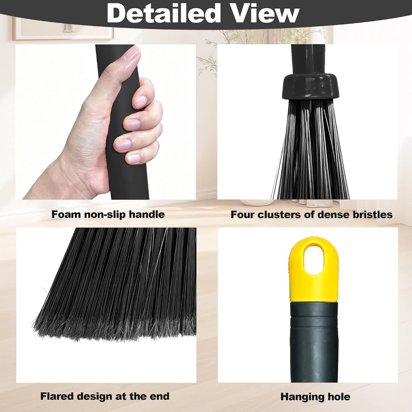 Heavy Duty Broom - 55 Inch Adjustable Long Handle Broom with EVA Soft Grip (Black)