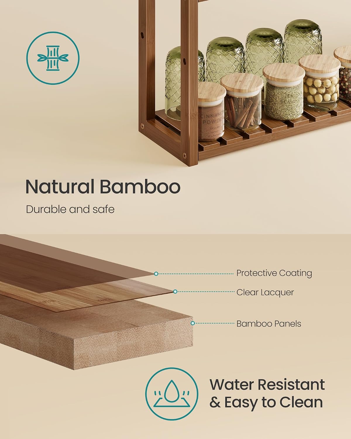 SONGMICS Bamboo Rolling Cart, 3-Tier Utility Cart on Wheels, Slim Narrow Storage Shelf, Bamboo Shelves, Space-Saving, Multifunctional, for Bathroom, Kitchen, White and Natural UBCB083N02