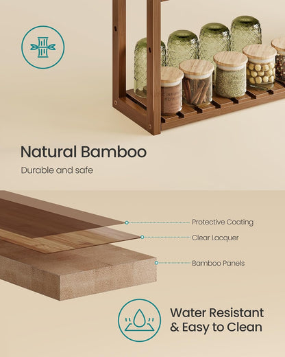 SONGMICS Bamboo Rolling Cart, 3-Tier Utility Cart on Wheels, Slim Narrow Storage Shelf, Bamboo Shelves, Space-Saving, Multifunctional, for Bathroom, Kitchen, White and Natural UBCB083N02