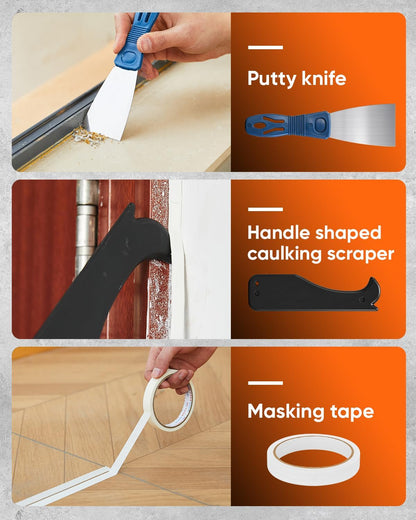 Saker Caulk Gun Kit, Manual Caulking Gun with 11-in-1 Caulking Tool Set, Silicone Sealant Finishing Tools, Grout Scrapers & Shapers with Masking Tape for Bathroom, Kitchen, Window & Home Repair