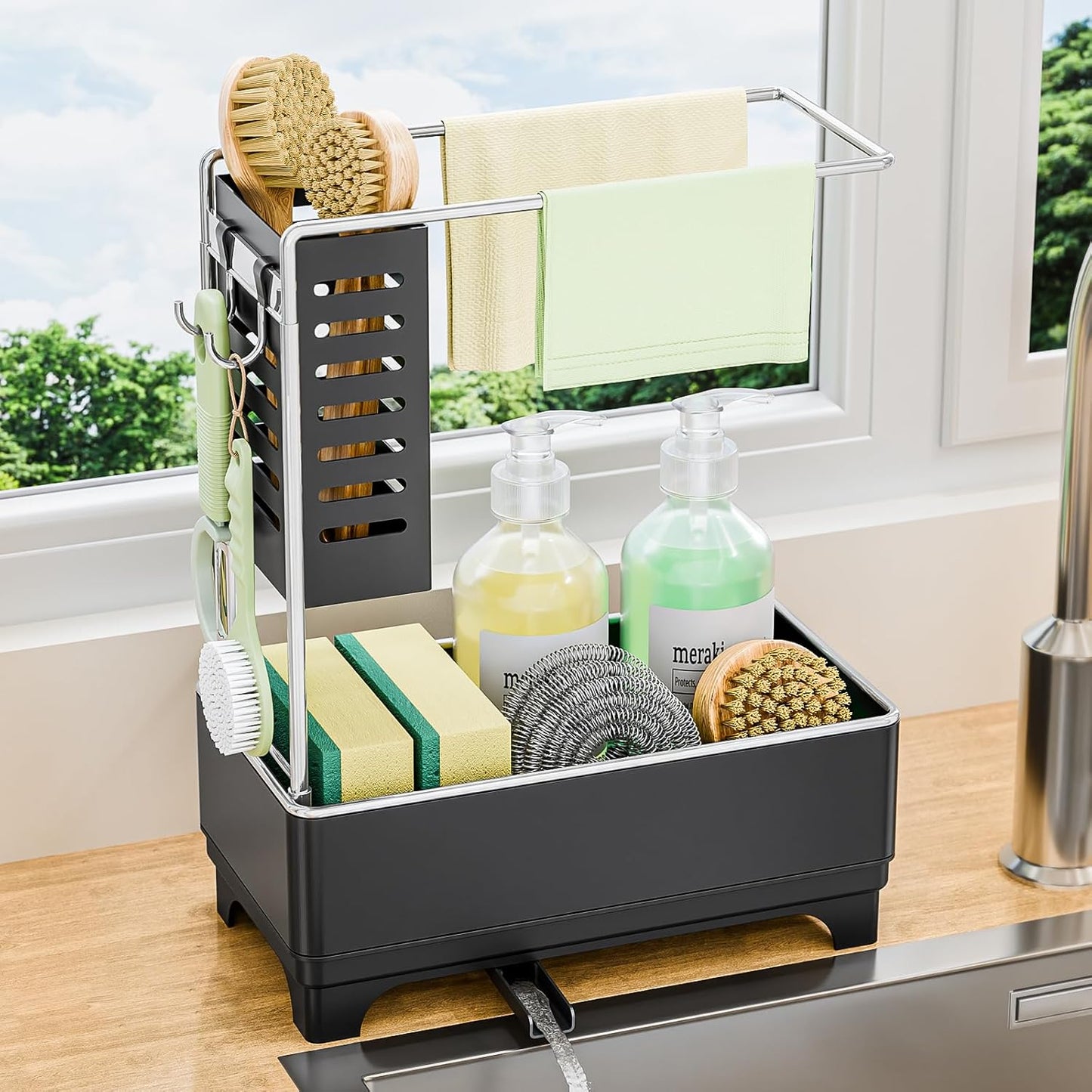 Kitchen Sink Caddy with Stainless Steel Towel Holder, Handy Sponge Holder for Kitchen Sink with Extending Drain Spout, No-Tool Assembly Space Saver for sink Countertop Accessories(Gray)