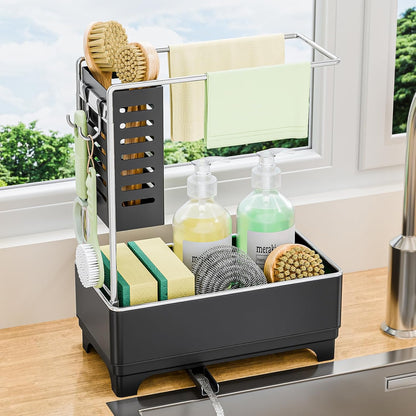 Kitchen Sink Caddy with Stainless Steel Towel Holder, Handy Sponge Holder for Kitchen Sink with Extending Drain Spout, No-Tool Assembly Space Saver for sink Countertop Accessories(Gray)