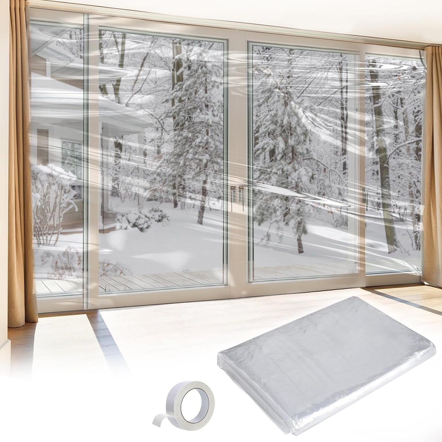 Apipi Patio Door Window Insulation for Winter - 87 x 236 in Thicken Sealing Plastic for Winterizing, Clear Shrink Film Cover Kit with Double-Side Tape for Large Window/ Sliding Door/French Door