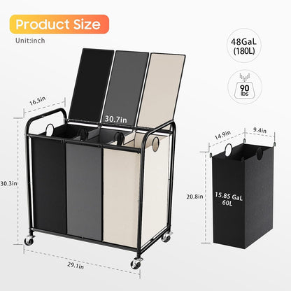 180L (47.55 Gal) Laundry Sorter 3 Section, Rolling Laundry Basket with Lockable Wheels and Lid, Laundry Hamper with 3 Separated Removable Bags Dirty Clothes Hamper for Laundry Room Organizer, Black