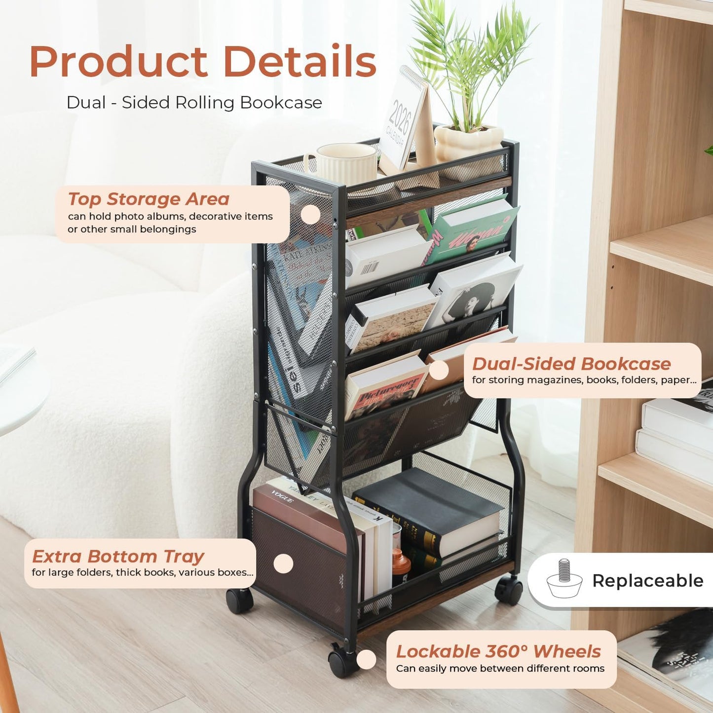 8-Tier Rolling Book Cart with Lockable Wheels, Double-Sided Storage Bookshelf for Narrow Spaces, Mobile Organizer Cart for Office, Library and Home