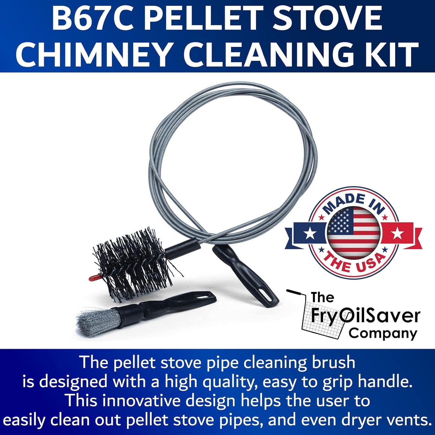 Pellet Stove & Dryer Vent Cleaner Kit – 3 inch Head and 10 ft Long Steel Flexible Brush for Fireplace Chimney, Ash, Lint & Soot Buildup Removal - Pellet Stove Cleaning Kit by FryOilSaver B67C