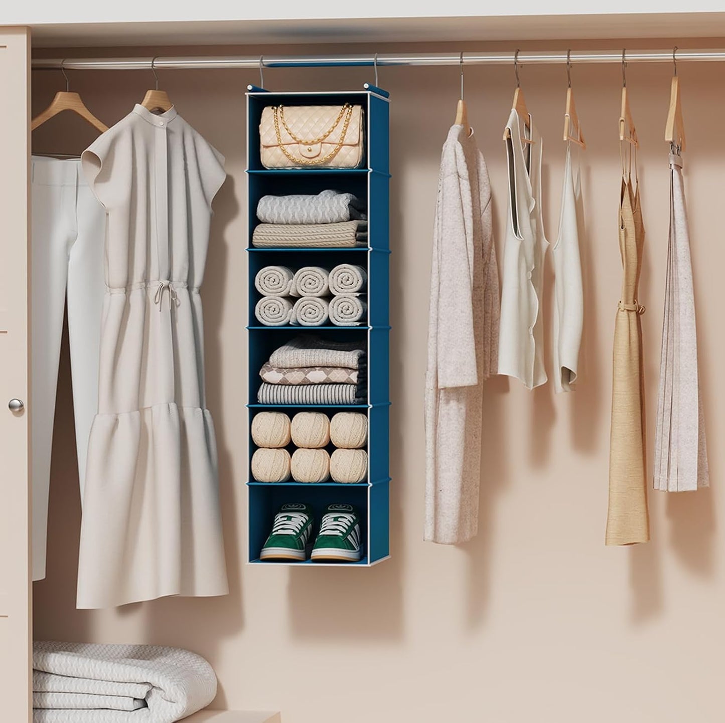 MAX Houser 6 Tier Shelf Hanging Closet Organizer, Closet Hanging Shelf with 2 Sturdy Hooks for Storage, Foldable (Grey)