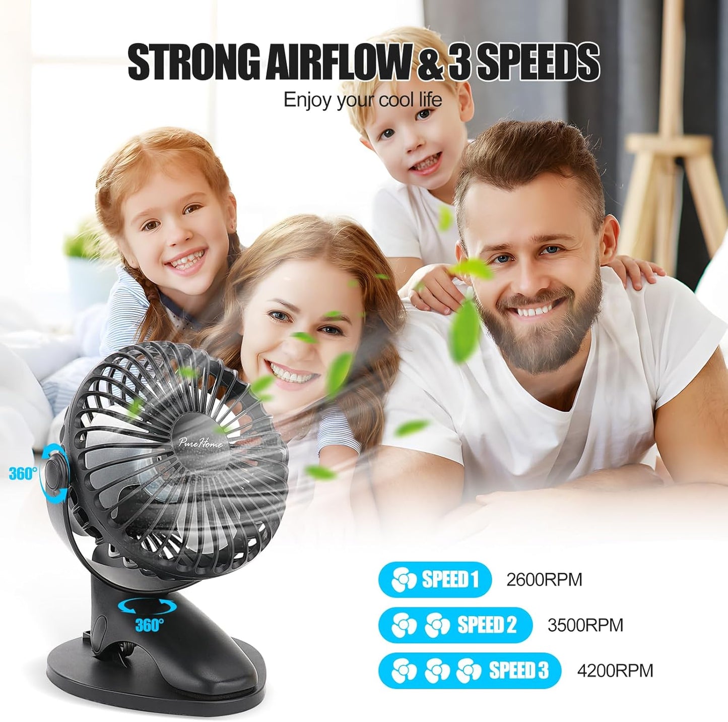 Portable Clip Fan Battery Operated,3 Speeds USB Rechargeable Mini Table Fan with Strong Airflow,360°Rotation Ultra Quiet Personal Desk Fan for Home Office Bedroom Dorm Stroller Camping(White)