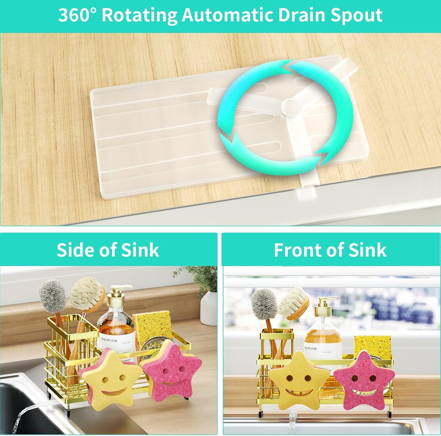 HapiRm Sponge Holder for Kitchen Sink - Self-draining Sink Caddy with Brush and Dishcloth Holders, Stainless Steel Kitchen Countertop Organizers and Storage Essentials - Black