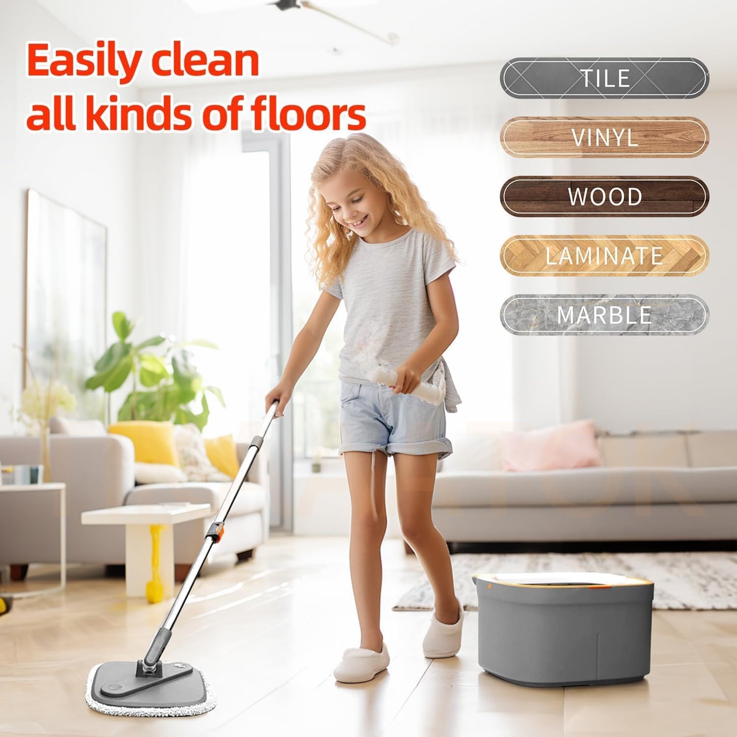 Spin Mop and Bucket Set with 2 Replaceable Microfiber Mop Pads with Self Separation Dirty and Clean Water System, Self Wringing 360° Rotating Square Mop Head for Hardwood Tile Marble Floors