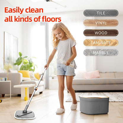 Spin Mop and Bucket Set with 2 Replaceable Microfiber Mop Pads with Self Separation Dirty and Clean Water System, Self Wringing 360° Rotating Square Mop Head for Hardwood Tile Marble Floors