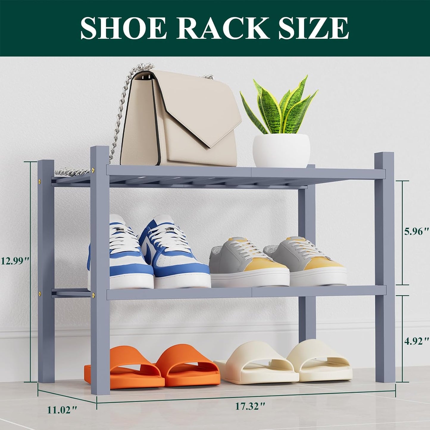 Smiry Bamboo Shoe Rack, 3 Tier Free Standing Wooden Shoe Organizer, Stackable Wood Shoe Storage Shelf for Closet, Entryway, 12 Vertical Slats, 2+1 Stack Standard Legs, 26.8"x11"x19.5", Natural