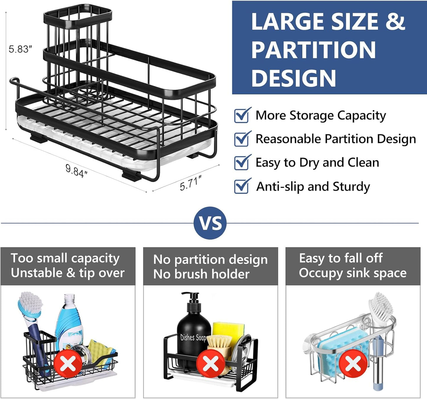 Trendy Sink Caddy Kitchen Organizer, Non-Slip Dish Soap Dispenser Rack with Drain Tray, Rustproof Brush Holder for Countertop Storage (Matte Black)