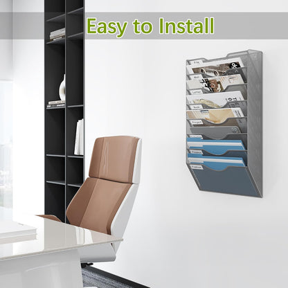 EasyPAG 5 Pocket Mesh Wall File Organizer with Key Hooks, Hanging Paper Folder Holder with Classify Label, Vertical Wall Mount Mail Organizer for Office Home Classroom, Black