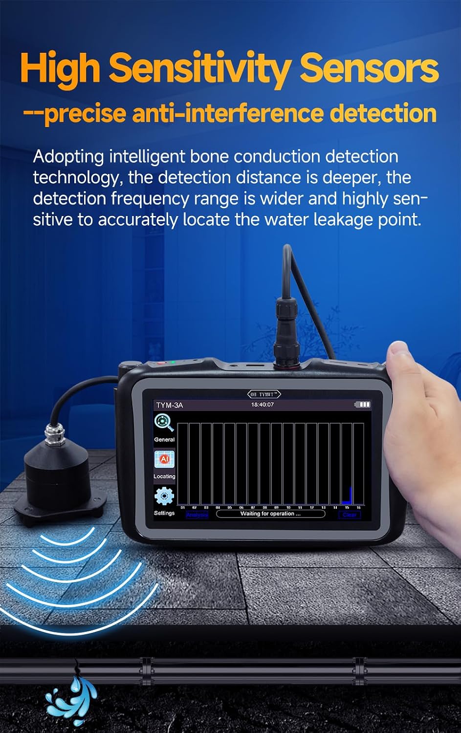 Al Water Leak Detector, Indoor Wall/Ground Under Slab Pipe Leak - TYM-3A | 2 Sensors, 0.5m/1.64ft, 100Hz-8000Hz, 15 Hours
