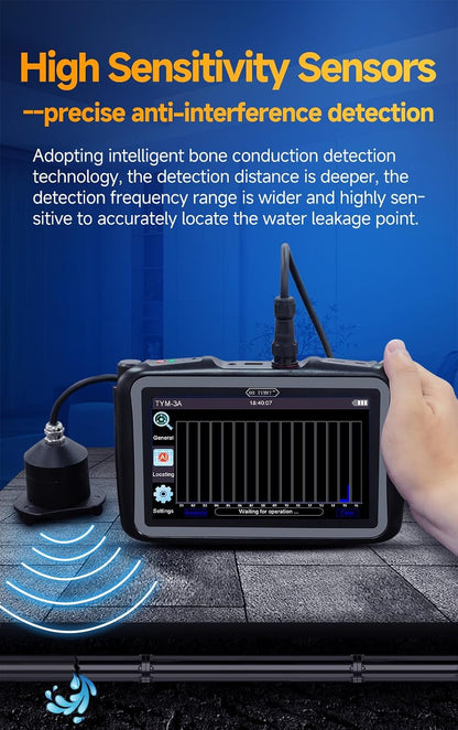 Al Water Leak Detector, Indoor Wall/Ground Under Slab Pipe Leak - TYM-3A | 2 Sensors, 0.5m/1.64ft, 100Hz-8000Hz, 15 Hours