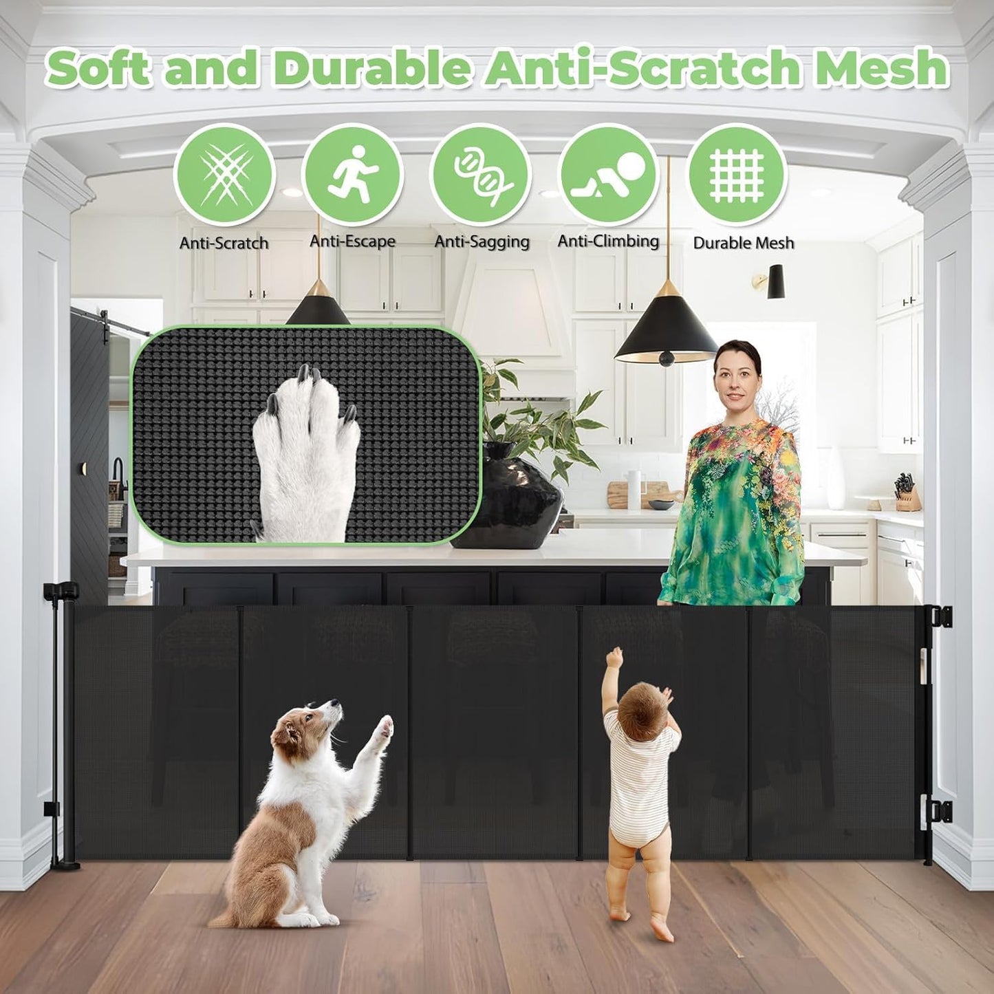 Reinforced 60" Wide Retractable Baby Gates with Upgraded Rods - Bottom Anti-Escape, 5 ft Mesh Baby Gate Retractable Dog Gate Indoor Pet Gate Retractable Stair Gate Outdoor Retractable Gate, Black