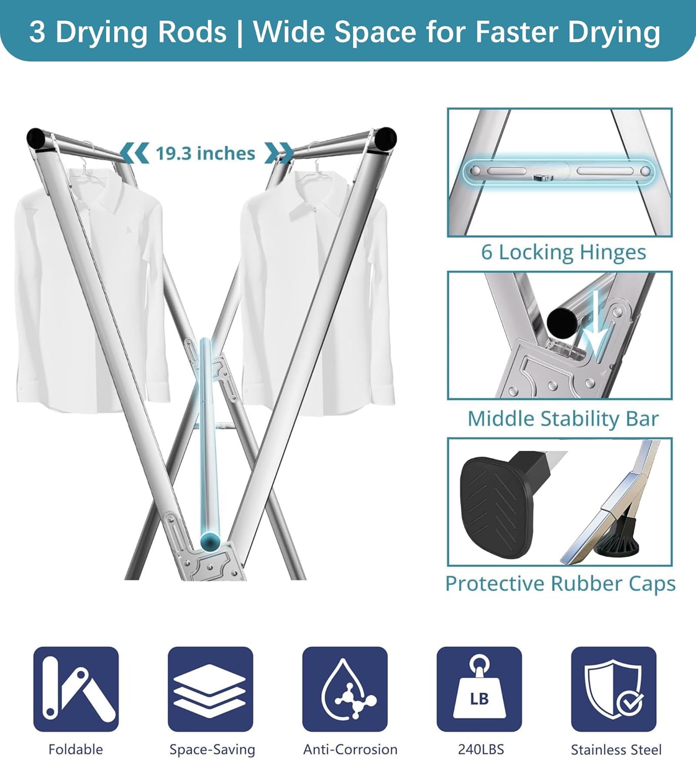 95 Inch Windproof Clothes Drying Rack, Heavy Duty Stainless Steel Folding Laundry Drying Rack for Indoor Outdoor Use, Collapsible Clothes Rack with 20 Hooks & 12 Clips