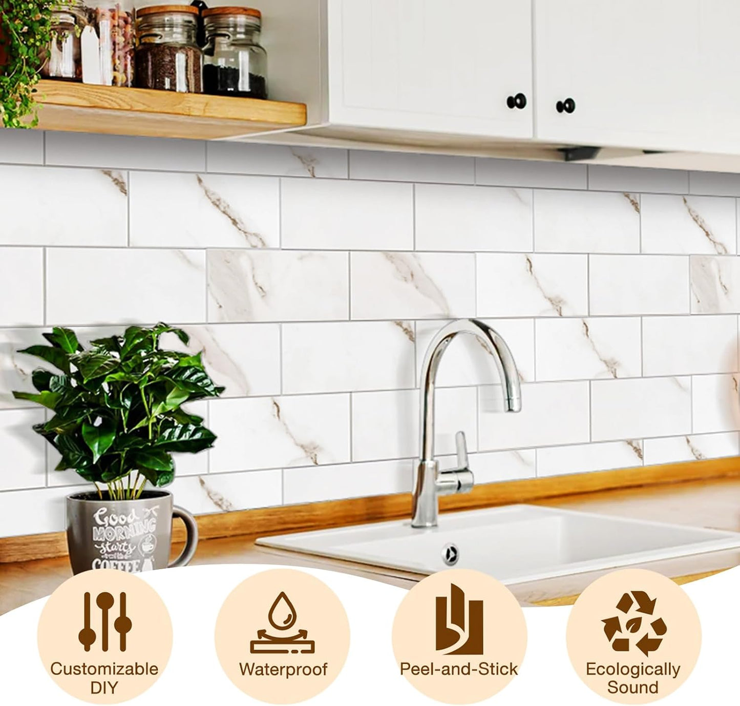 Havenly Peel and Stick Backsplash Tile for Kitchen & Bathroom Walls (White, 10 Tiles - 9.7 sq. ft. (0.9 m²))