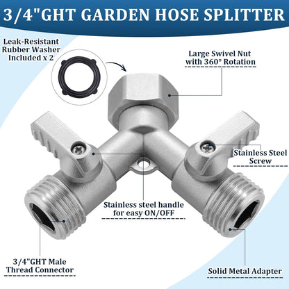 4 Way Garden Hose Splitter, 304 Stainless Steel Outdoor Faucet Splitter with 4 Individual Shut Off Valves, 3/4" GHT High Flow Hose Bib Spigot Connector