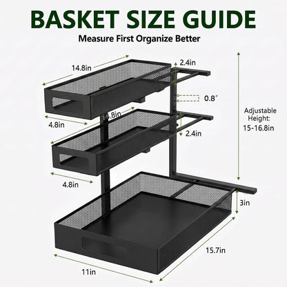 3 Tier Under Sink Organizer,2 Pack Pull Out Cabinet Shelves with Adjustable Height,Heavy Duty Carbon Steel L-Shaped Storage for Kitchen Bathroom Sink,Pantry & Laundry,White
