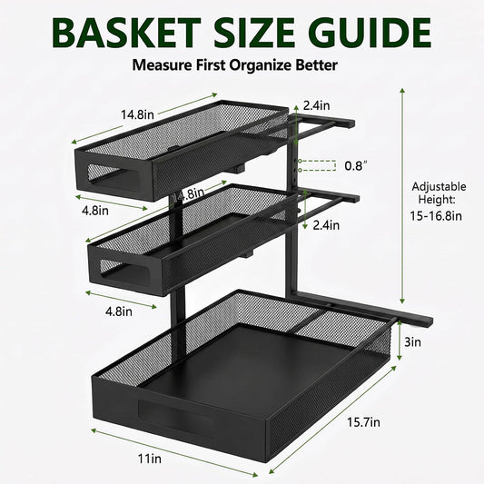3 Tier Under Sink Organizer,2 Pack Pull Out Cabinet Shelves with Adjustable Height,Heavy Duty Carbon Steel L-Shaped Storage for Kitchen Bathroom Sink,Pantry & Laundry,White