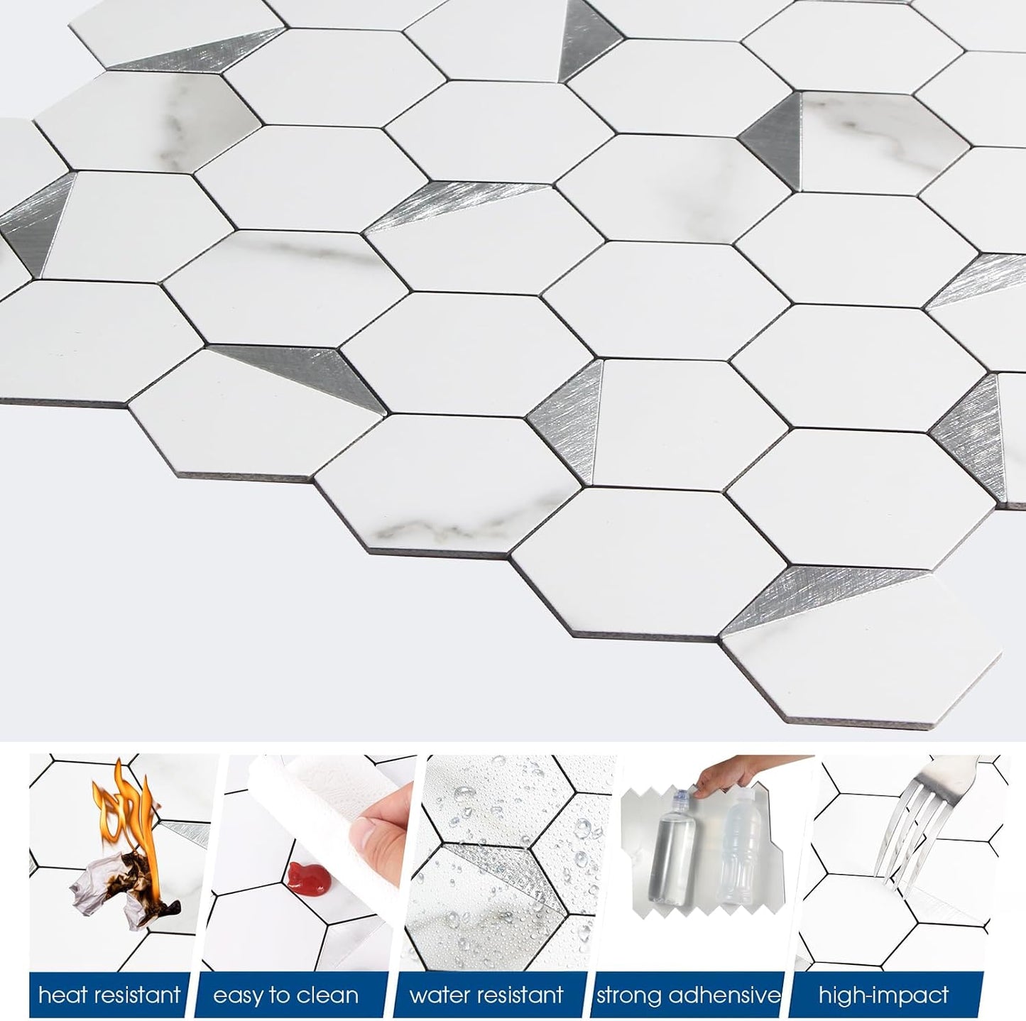 10-Sheet Heavy-Duty Hexagon Peel and Stick Backsplash, Thick Waterproof &Heat Resistant Stick on Wall Tiles, Slate Beige Mosaic for Kitchen & Bathroom, Strong Adhesive Permanent PVC Tiles