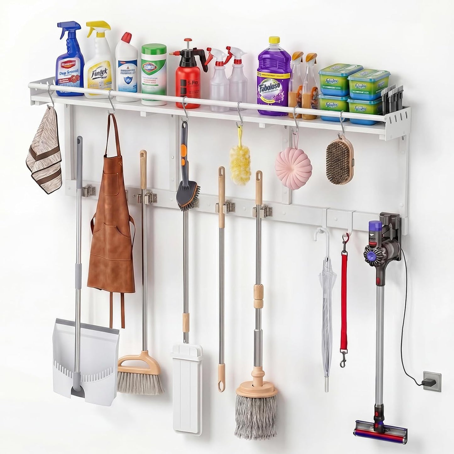 Broom Holder Wall Mount with Shelf,Broom Hanger,3 in 1 Broom and Mop Organizer Wall Hanging for Laundry,Garage,Utility,Broom Rack,Vacuum Stand Alternative,Cleaning Supplies Organizer Storage,White,L