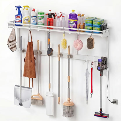 Broom Holder Wall Mount with Shelf,Broom Hanger,3 in 1 Broom and Mop Organizer Wall Hanging for Laundry,Garage,Utility,Broom Rack,Vacuum Stand Alternative,Cleaning Supplies Organizer Storage,White,L