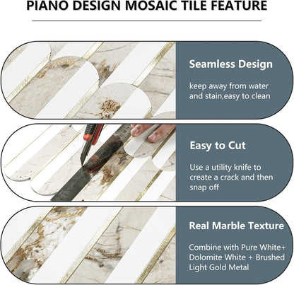 Vamos Peel and Stick Backsplash Seamless Tile for Kitchen and Bathroom,White and Beige Slate PVC Mixed Light Gold Self Adhesive Fish Scale Metal Mosaic Tiles (10 Sheets)