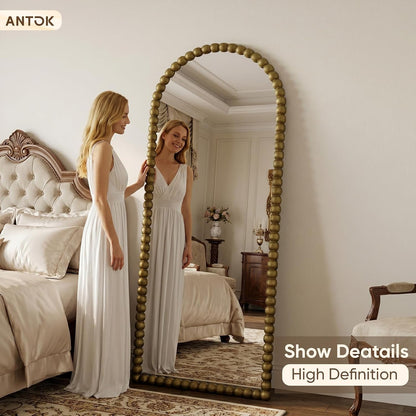 Antok 58" x 21" Arched Full Length Mirror, Antique Beaded Frame Floor Standing or Wall Mounted Mirror with Stand for Bedroom, Entryway, Brown, Luxury Style