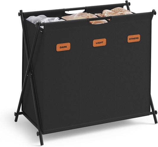 SONGMICS Laundry Hamper, Laundry Basket, 35.7 Gal. Laundry Sorter 3 Sections, Collapsible X-Frame, Clothes Organizer with Customizable Labels, Laundry Room, Bedroom, Bathroom, Slate Gray ULCB130G01