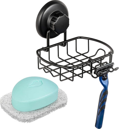 HASKO Suction Cup Soap Dish for Shower Wall, Rustproof Stainless Steel Shower Soap Holder for Bathroom with Hooks and Soap Saver, Includes Optional No Drill Adhesive Mount, Silver