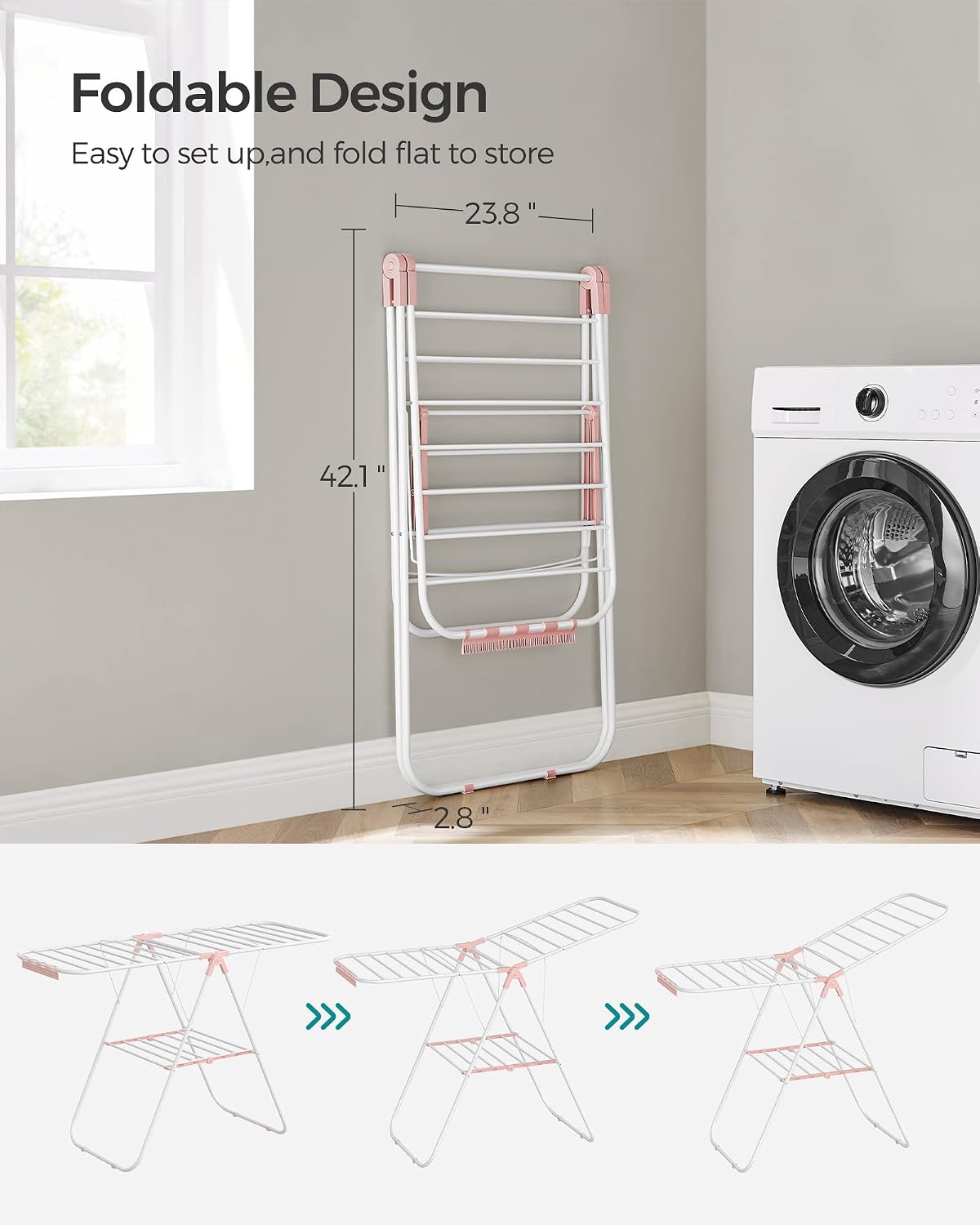 SONGMICS Clothes Drying Rack, with Sock Clips, Metal Laundry Rack, Foldable, Space-Saving, Free-Standing Airer, with 2 Height-Adjustable Gullwings, Indoor Outdoor Use, Gray ULLR052G01