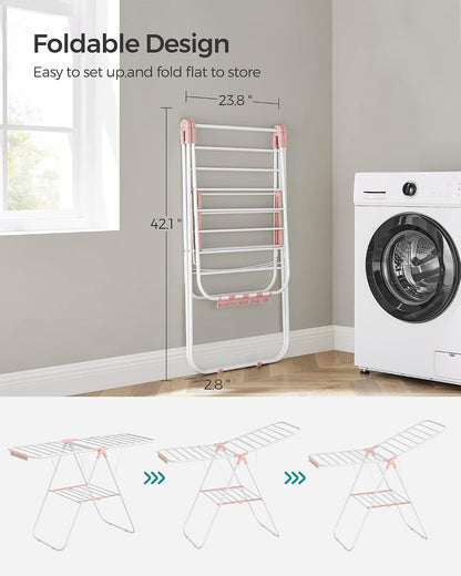 SONGMICS Clothes Drying Rack, with Sock Clips, Metal Laundry Rack, Foldable, Space-Saving, Free-Standing Airer, with 2 Height-Adjustable Gullwings, Indoor Outdoor Use, Gray ULLR052G01
