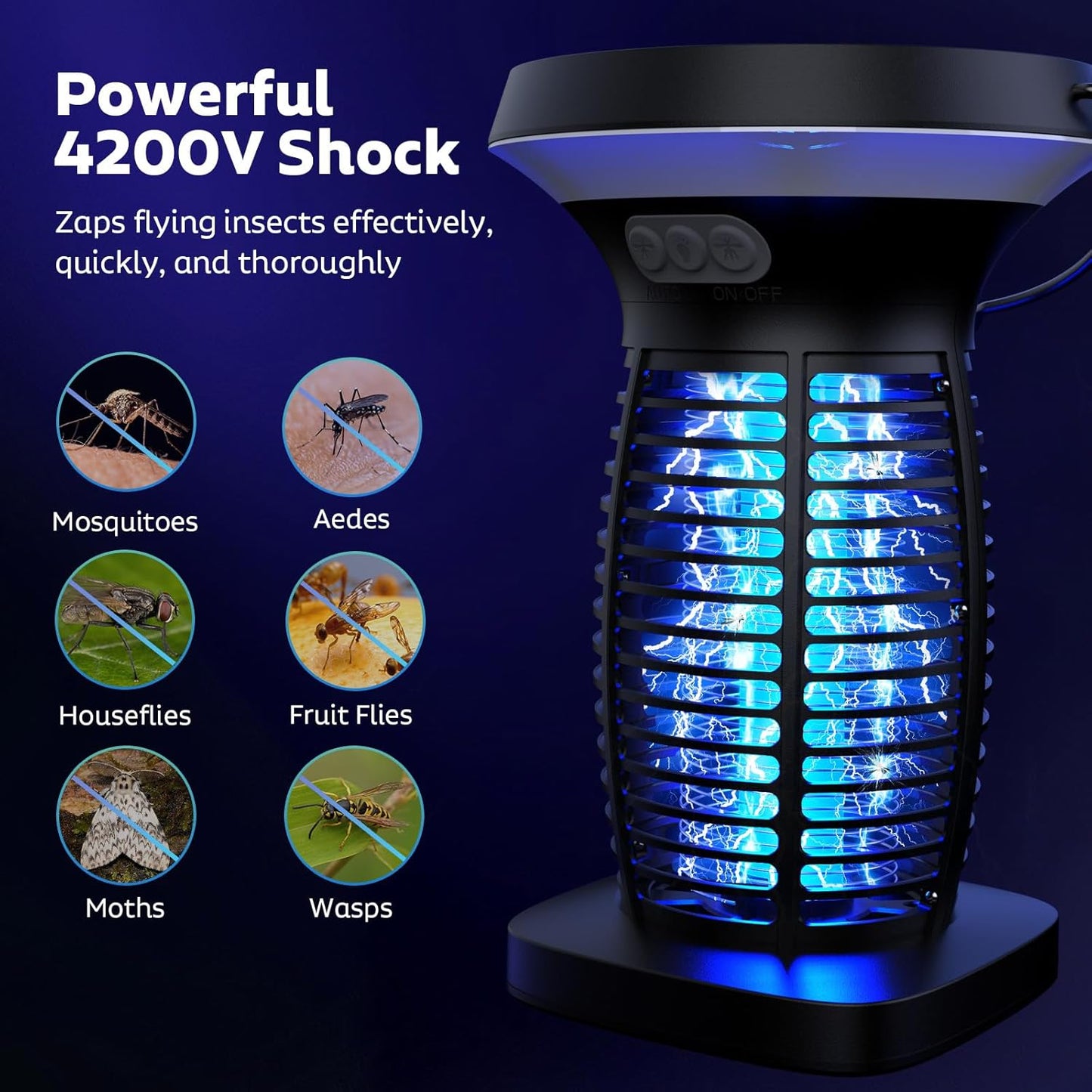 OnBeam Solar Bug Zapper Outdoor, 4200V Electric Mosquito Killer for Patio | Solar & USB-C Charging, IPX5 Waterproof, Auto Mode, SOS Light, Indoor Fly Trap for Home, Backyard, Garden, Camping