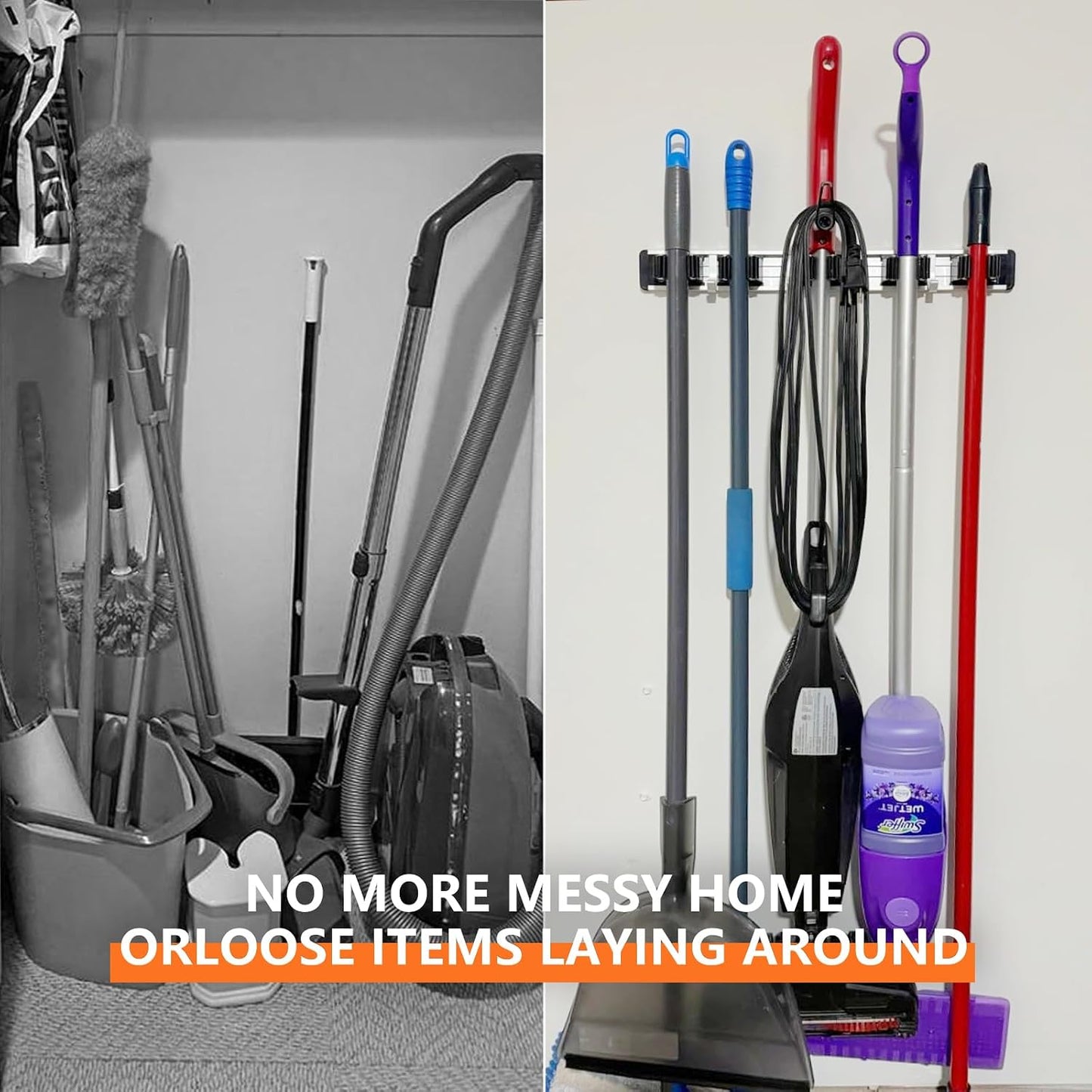 reliahom Broom Holder Wall Mount Mop Hanger Tools organizer 4Racks 5Hooks | Adjustable Mop Broom Wall Hanging Heavy duty Tools Storage Rack Space-saving for Garage,Kitchen,Laundry Room,Garden, Silver