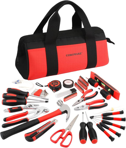 COMOWARE 218 Pcs Tool Set, Basic Tool Kit for Home, Socket Set, Combination Wrench, Screwdriver Bit Set, Rv Tool Set with Storage Tool Bag, Red, Gift for Dad