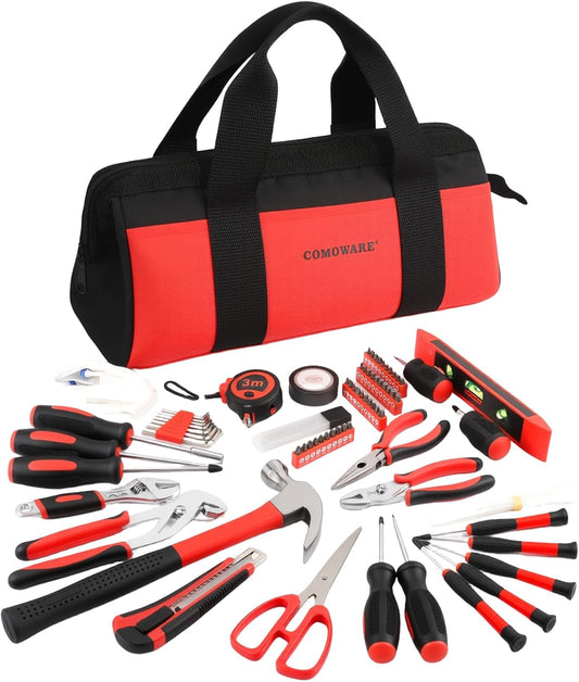 COMOWARE 218 Pcs Tool Set, Basic Tool Kit for Home, Socket Set, Combination Wrench, Screwdriver Bit Set, Rv Tool Set with Storage Tool Bag, Red, Gift for Dad